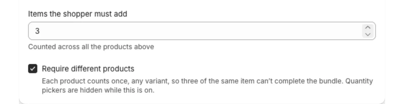 The Require different products checkbox ticked, with its hint text below