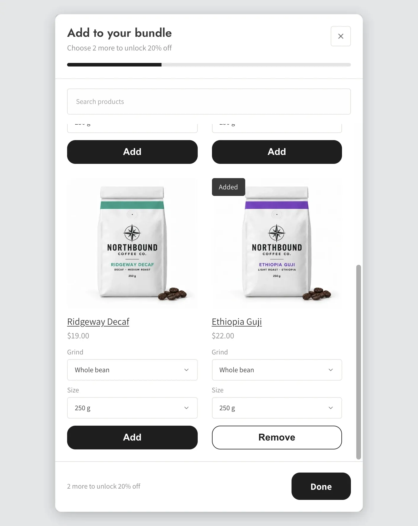 The product pop-up on the storefront with one product marked Added and Add or Remove buttons instead of a quantity selector