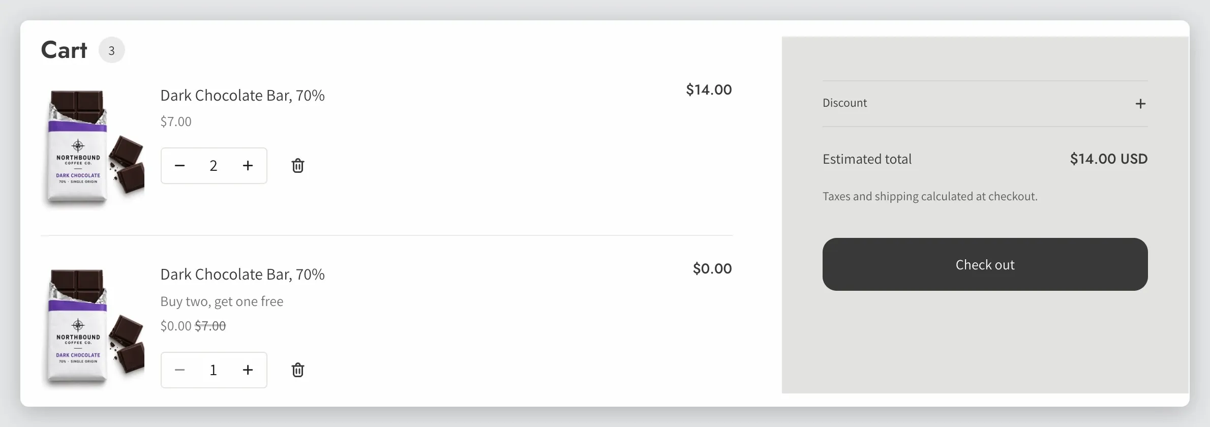 A cart on the storefront showing the bundle's discount name under the free item