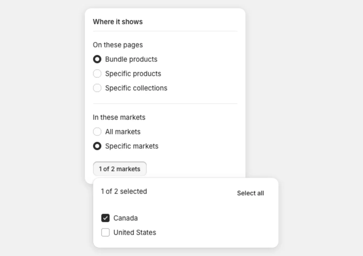 The Where it shows card with In these markets set to Specific markets and the list of markets open