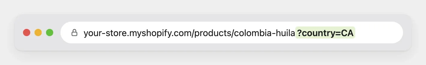 A browser address bar with ?country=CA at the end of a product page address