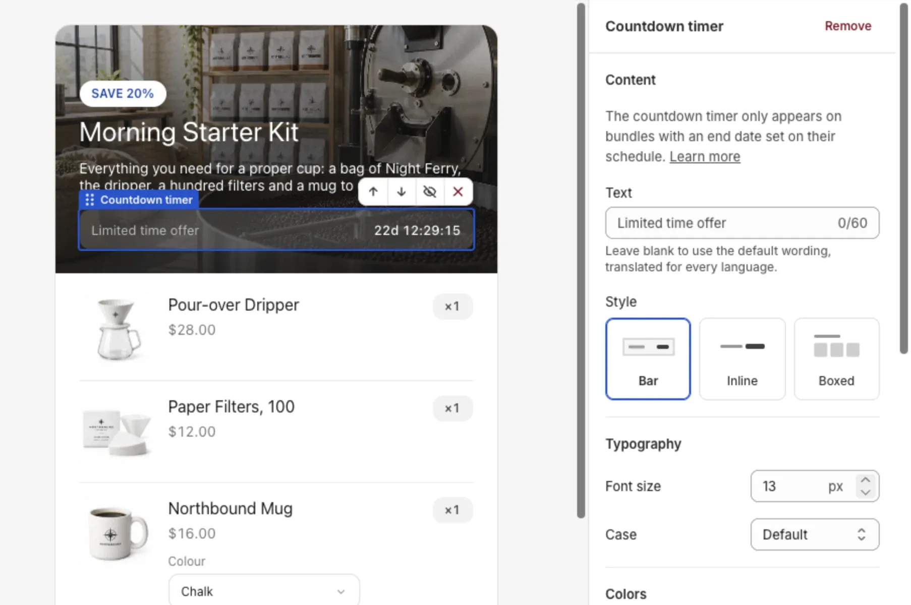 The Customize editor with the Countdown timer block selected and its Style setting showing Bar, Inline and Boxed