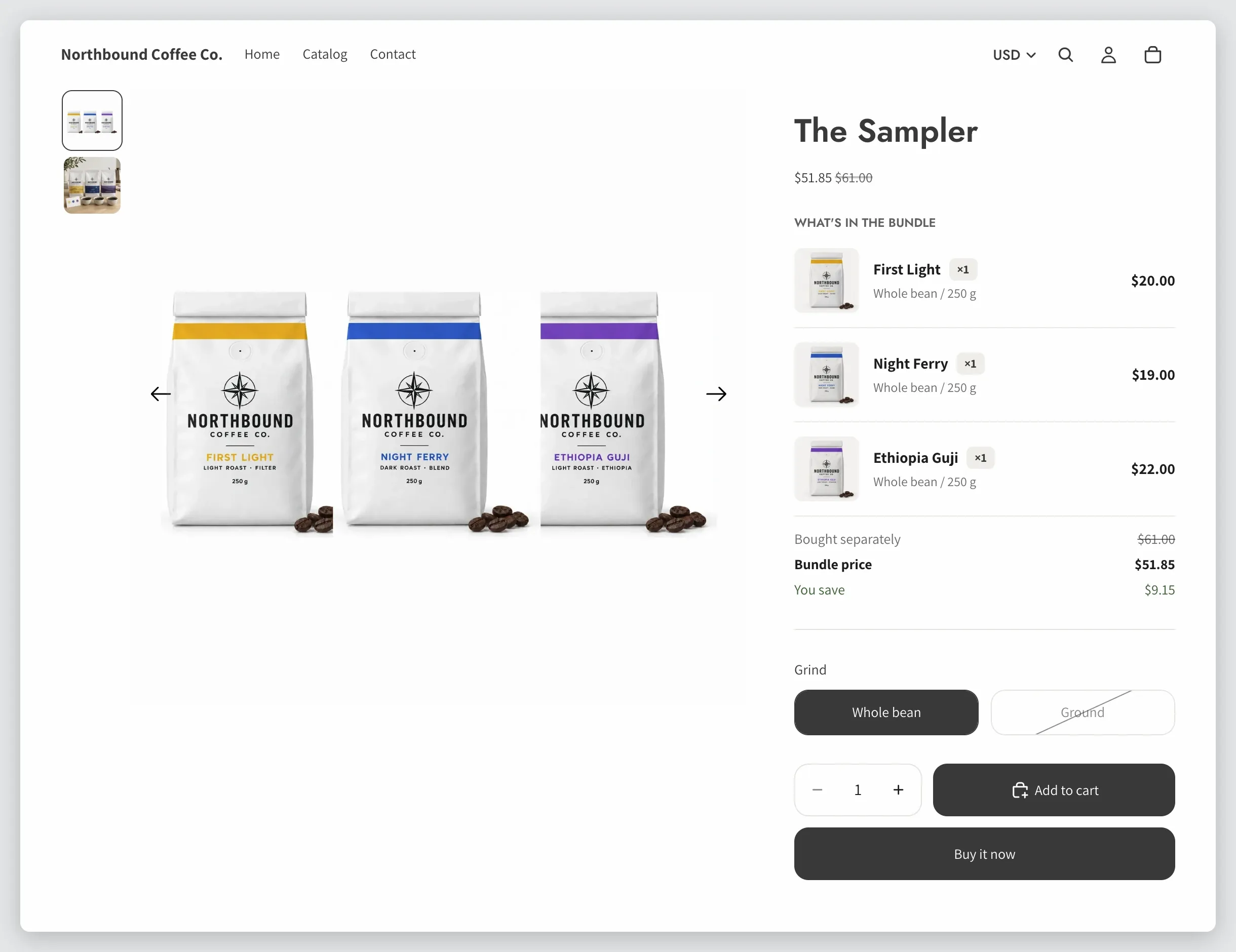 A bundle product's page on the storefront with the What's in the bundle list above the options and buy buttons