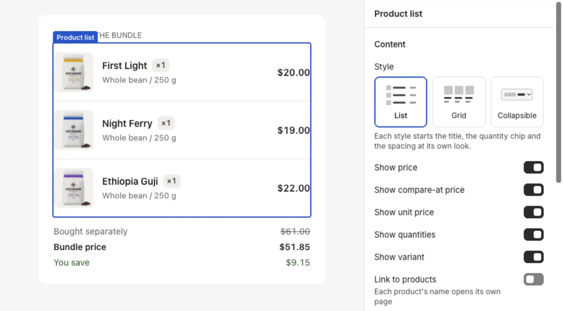 The Customize editor for a bundle product, with the List, Grid and Collapsible style tiles in the Product list panel