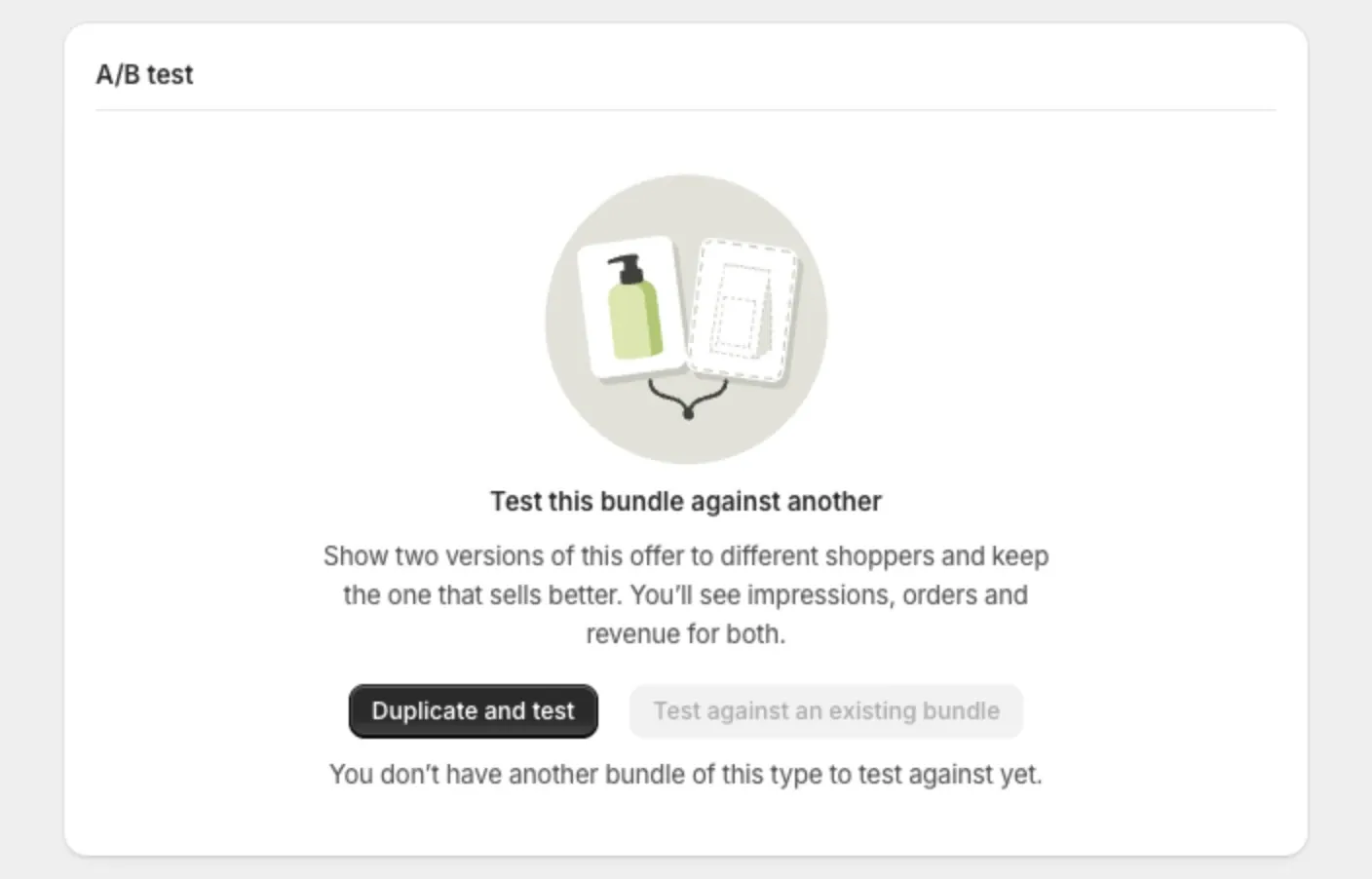 The A/B test section on a bundle page with the Duplicate and test and Test against an existing bundle buttons