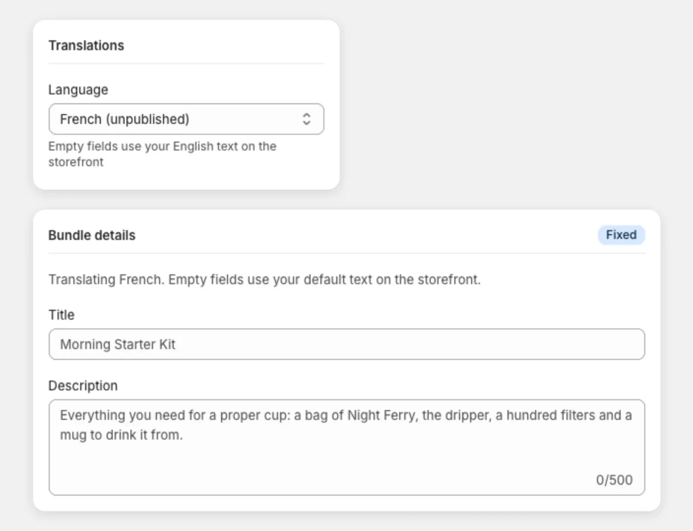 The Translations card set to French, and the Title and Description fields showing the original text in grey