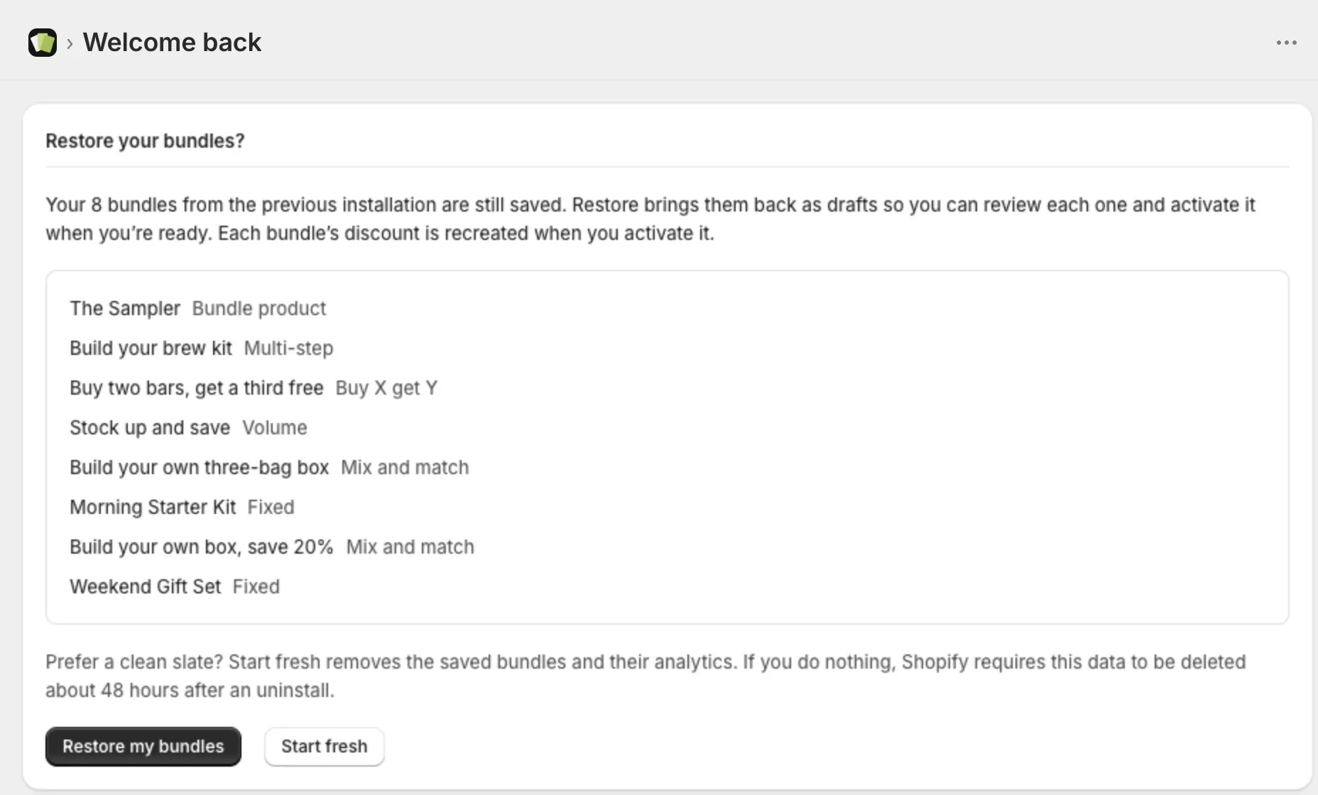 The Welcome back page listing the saved bundles, with the Restore my bundles and Start fresh buttons