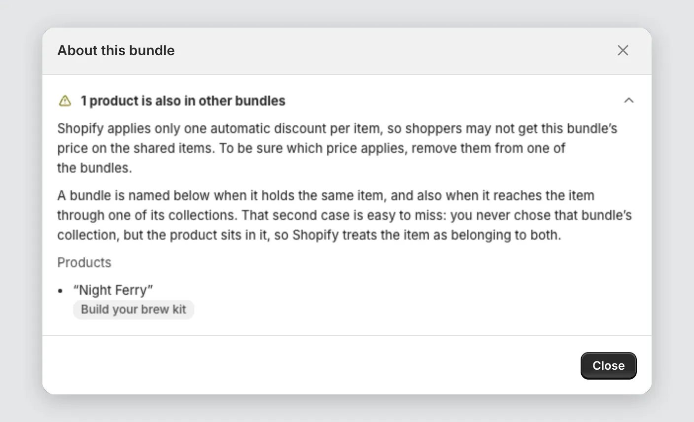 The About this bundle window with one warning opened