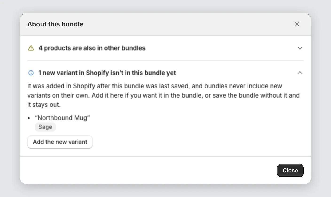 The About this bundle window with the new variant item open and the Add the new variant button